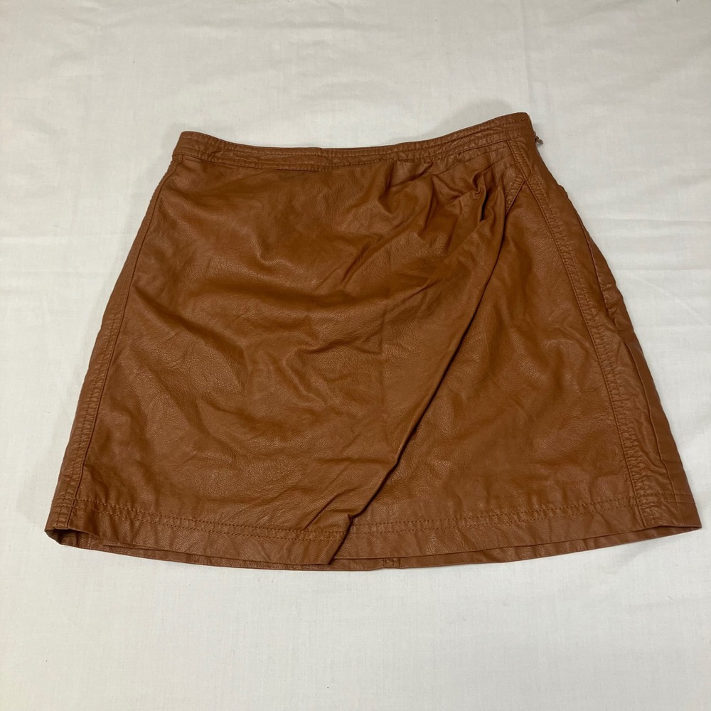 Free People Fake Out Ruched Faux Leather Tan Wrap Skirt SZ 2 Boho Festival Y2K